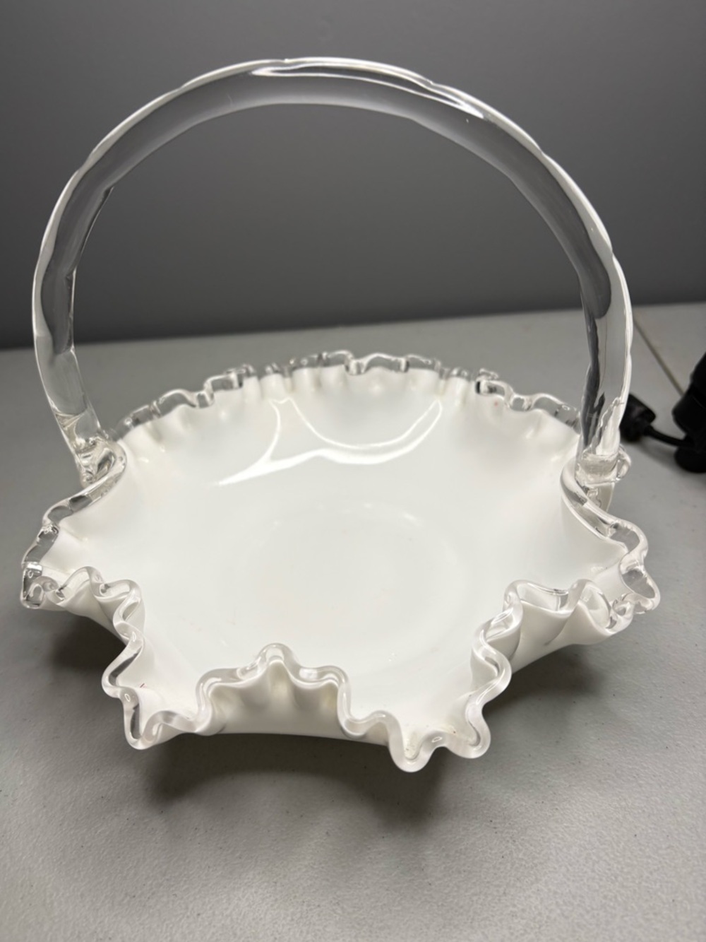 Vintage Fenton Silver Crest Milk Glass Basket Ruffled Edge Clear Handle, EVC